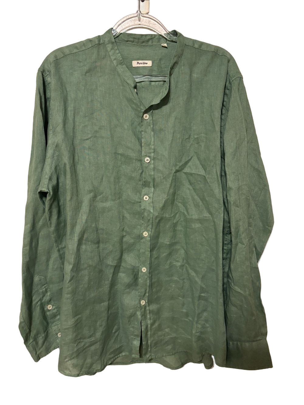 🎼Green Linen Band-Collar Button-Up Blouse size XL GUC long sleeve